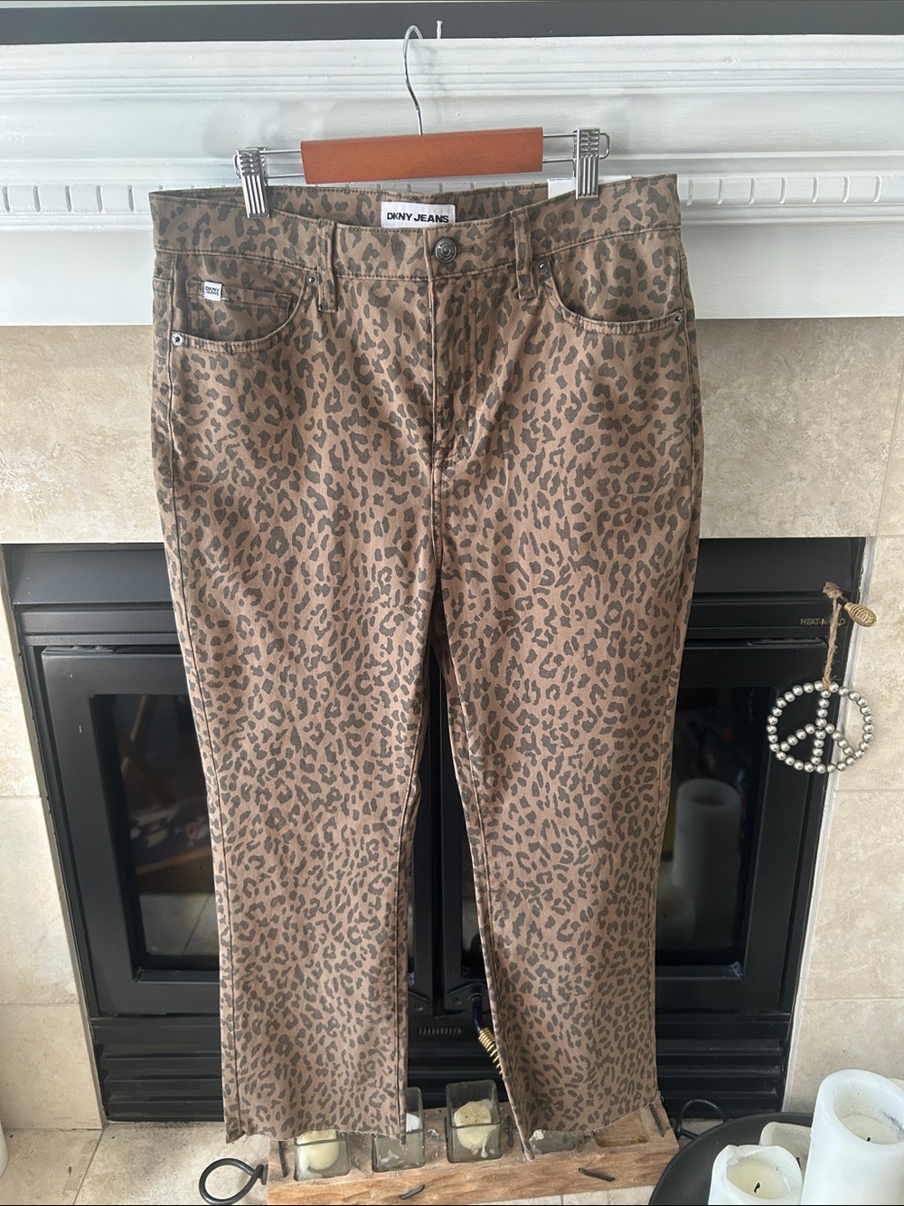 DKNY Women's High-Rise Leopard Print Jeans in Brown and Black
